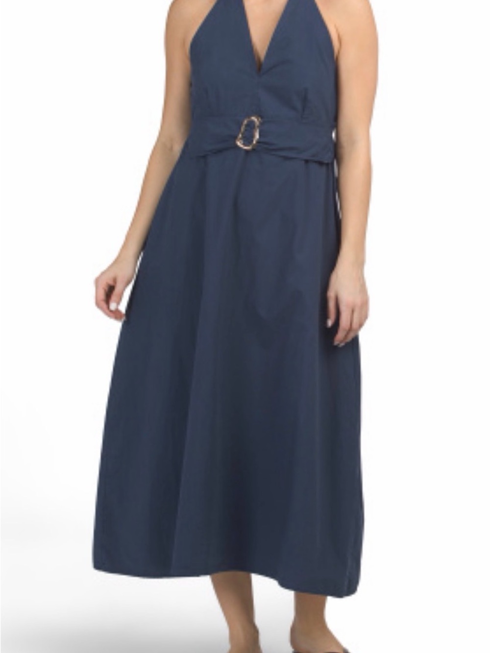 Backless Navy Halter Midi Dress with Buckle Detail